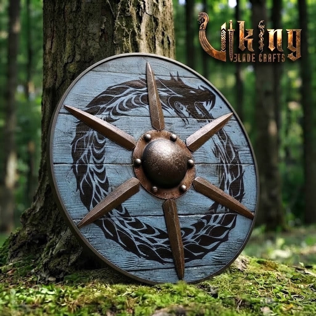 The Ocean-Coiler Hand-Rendered Jörmungandr Blue Viking Shield