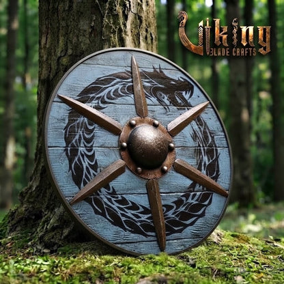 The Ocean-Coiler Hand-Rendered Jörmungandr Blue Viking Shield