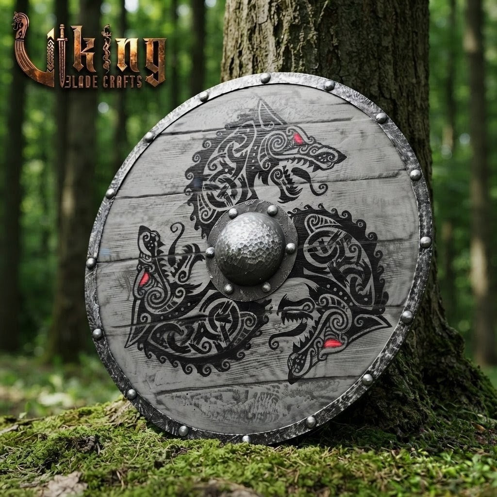 The Fenrir's Eclipse Hand-Painted Triple Wolf Viking Shield
