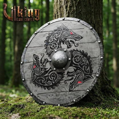 The Fenrir's Eclipse Hand-Painted Triple Wolf Viking Shield