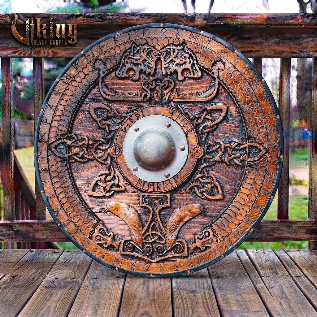 The Skjöldr of the Wolf-Clan 3D Carved Star-Braced Runic Viking Shield