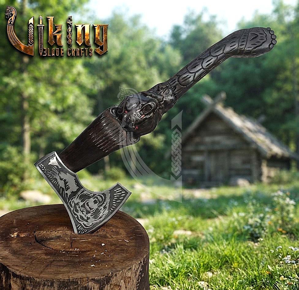 Bjorn Bear Viking Axe | Hand Carved Handle | Forged Steel