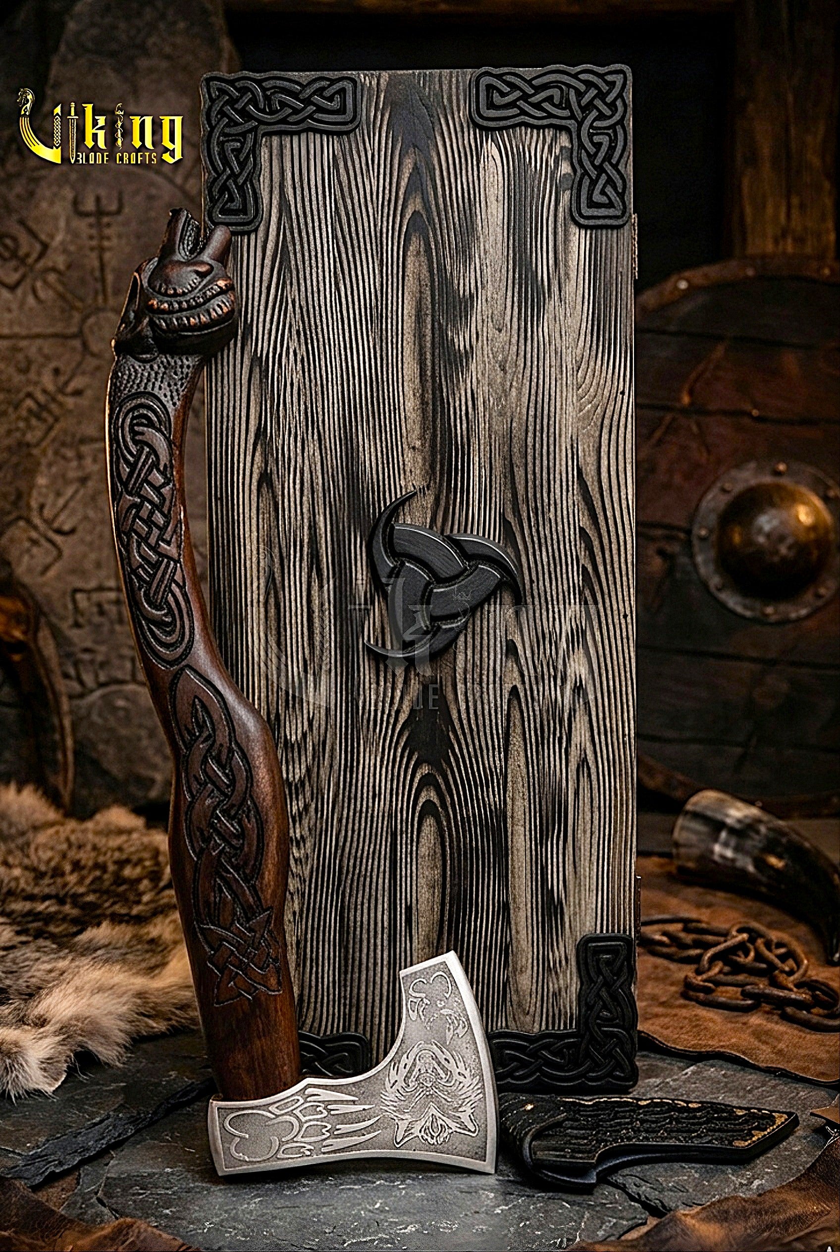 wolf carved Viking battle axe with wooden handle