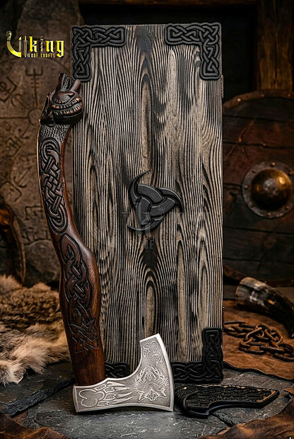 wolf carved Viking battle axe with wooden handle