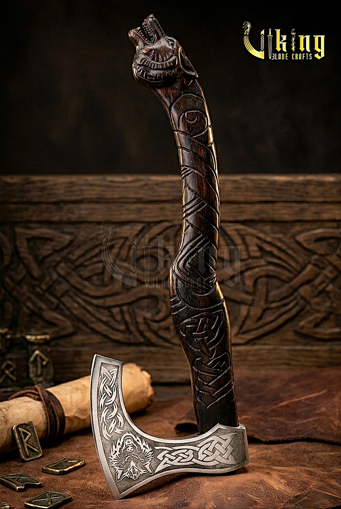 hand carved wolf handle Viking axe inspired by Fenrir