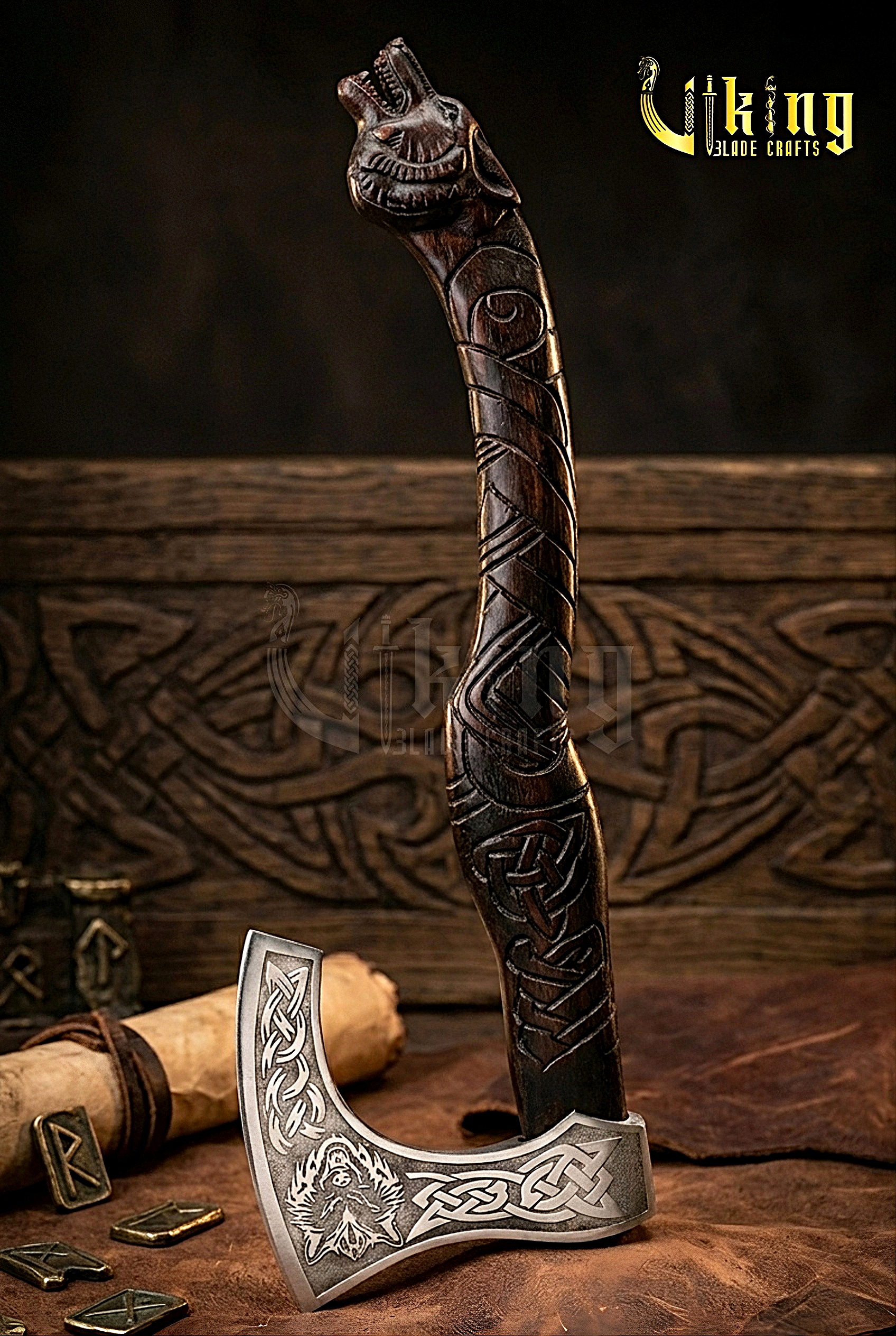 hand carved wolf handle Viking axe inspired by Fenrir