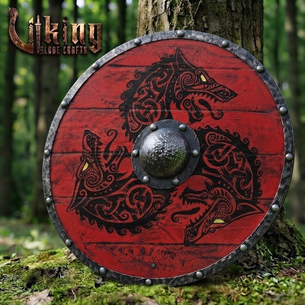 The Crimson Wolf Hand-Painted Triple-Wolf Viking Shield
