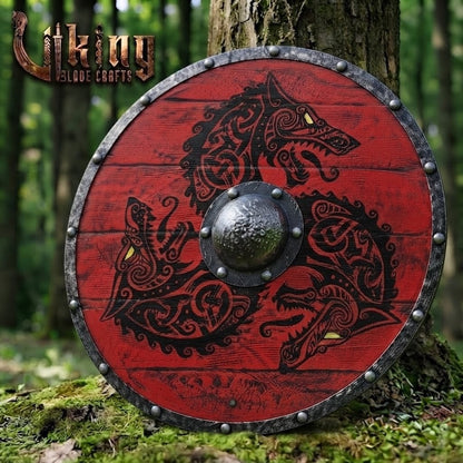 The Crimson Wolf Hand-Painted Triple-Wolf Viking Shield