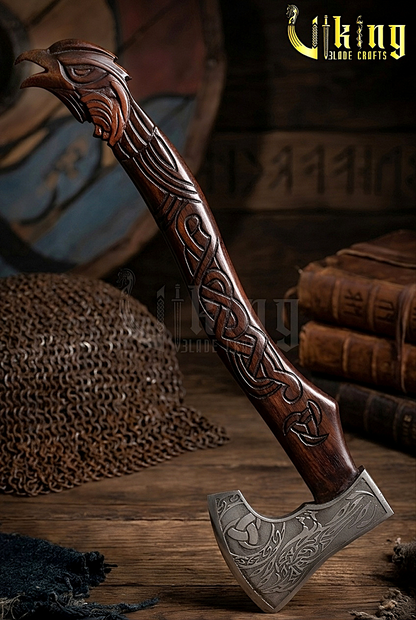 hand carved raven handle Viking axe made from forged steel