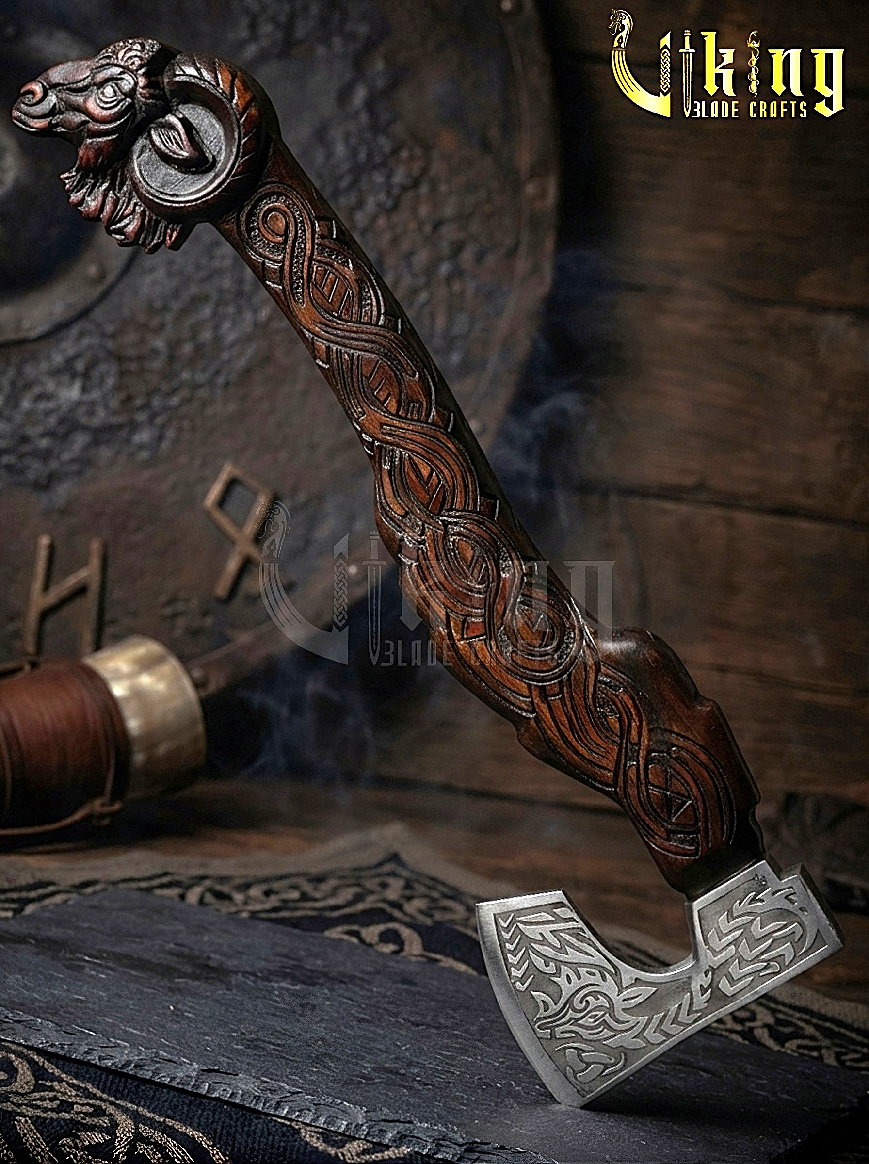 artisan hand carved Viking axe with goat handle and steel blade