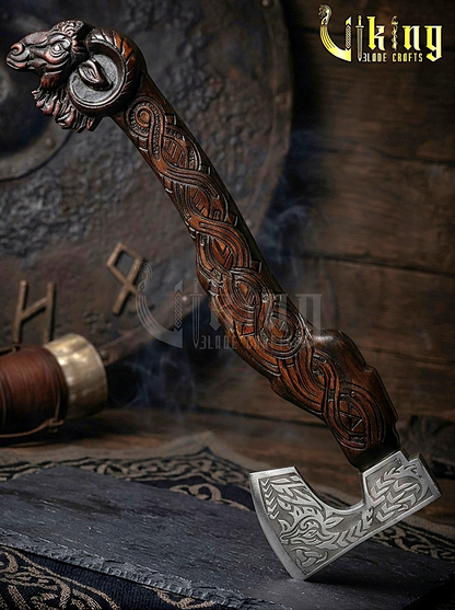 artisan hand carved Viking axe with goat handle and steel blade