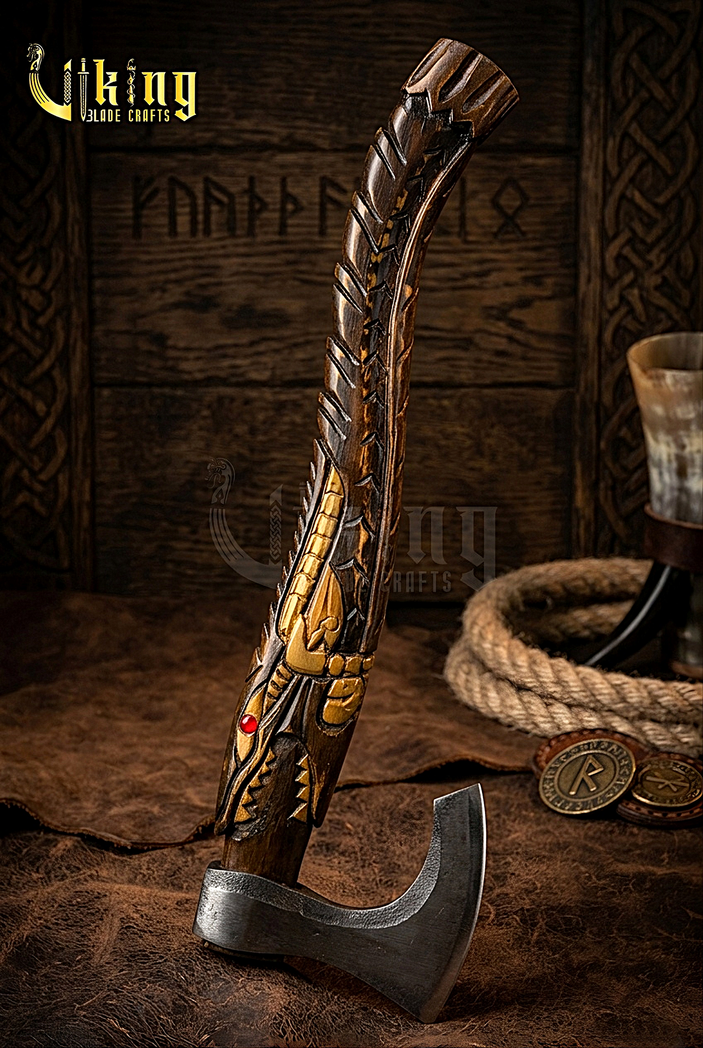 alligator Viking axe with hand carved handle and forged steel blade
