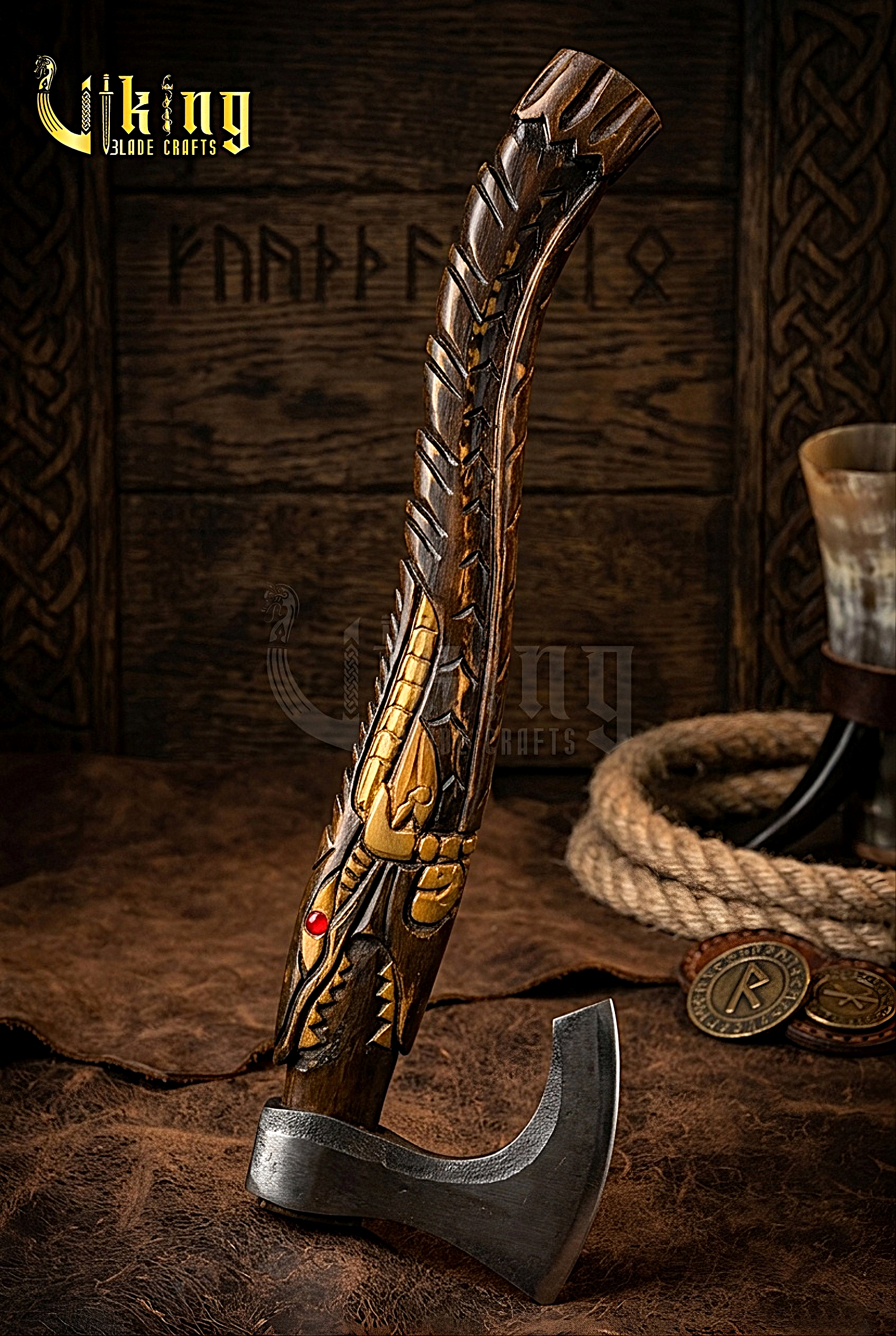 alligator Viking axe with hand carved handle and forged steel blade