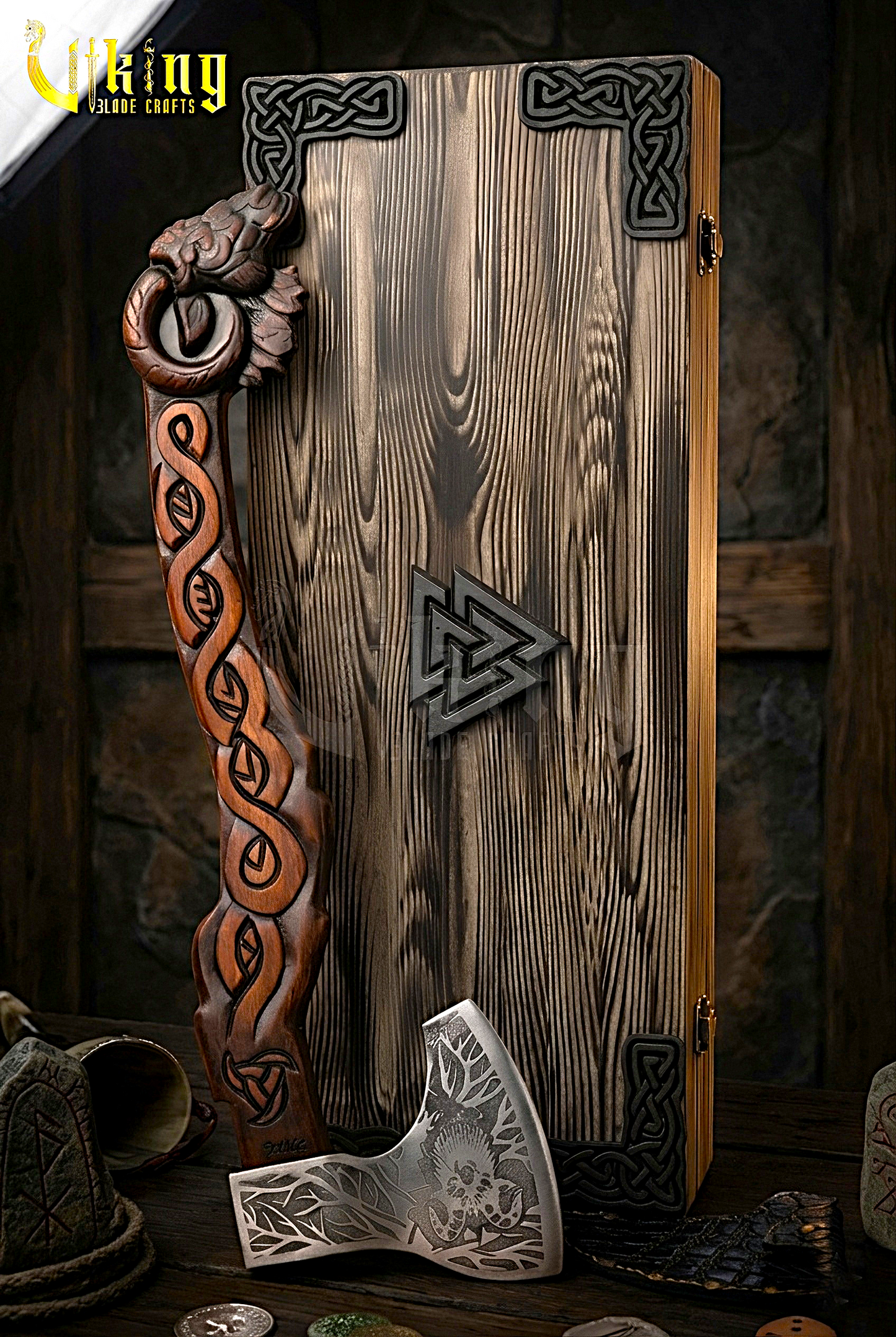 Thor inspired Viking axe with custom carved wood handle