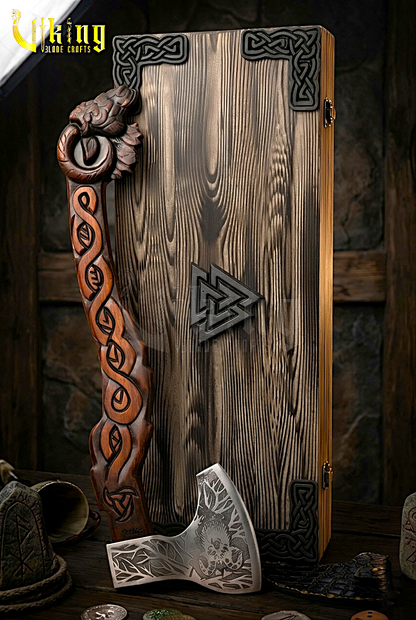 Thor inspired Viking axe with custom carved wood handle