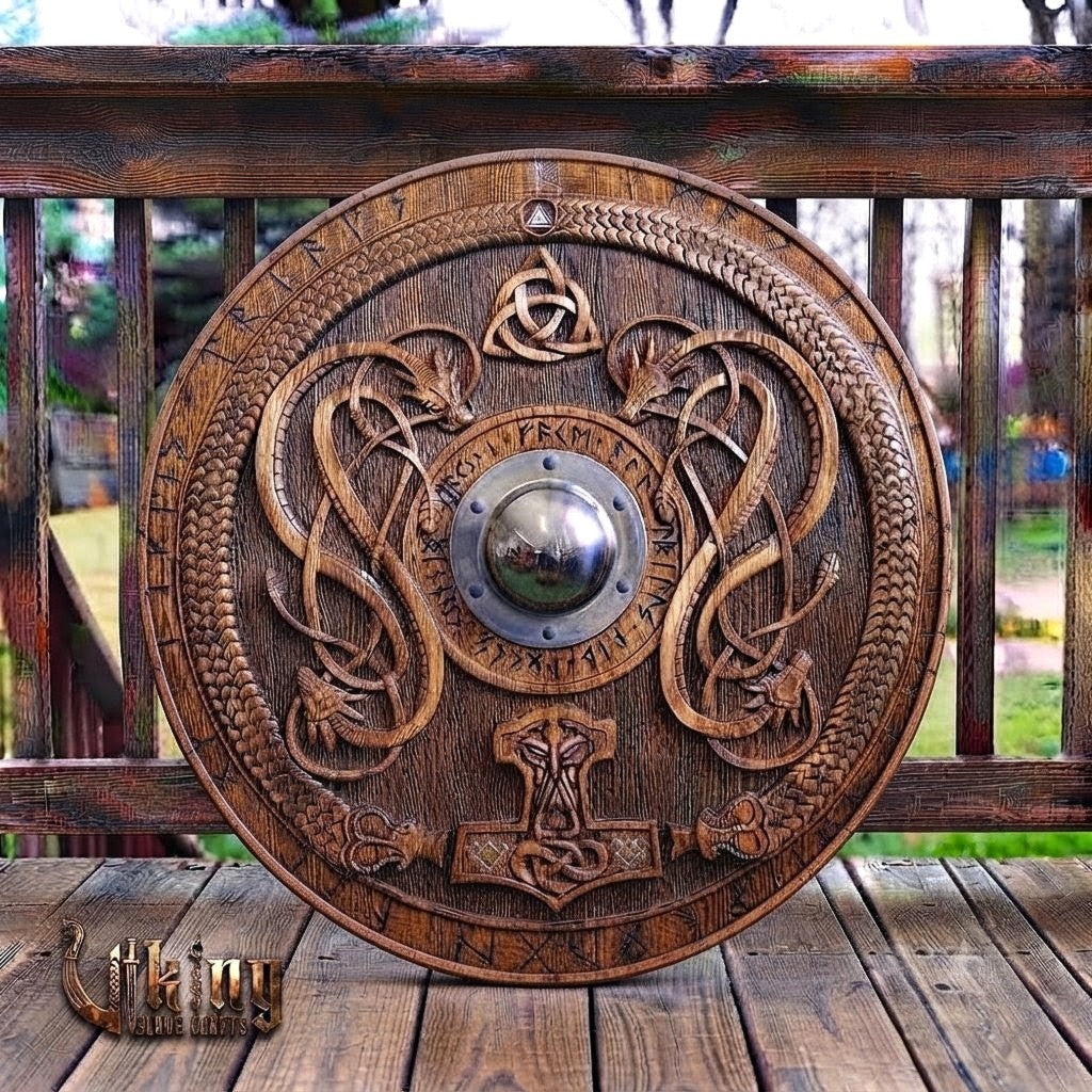 The Thunderer’s Bastion: Mjölnir & Twin Dragon Relief Viking Shield