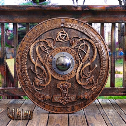 The Thunderer’s Bastion: Mjölnir & Twin Dragon Relief Viking Shield