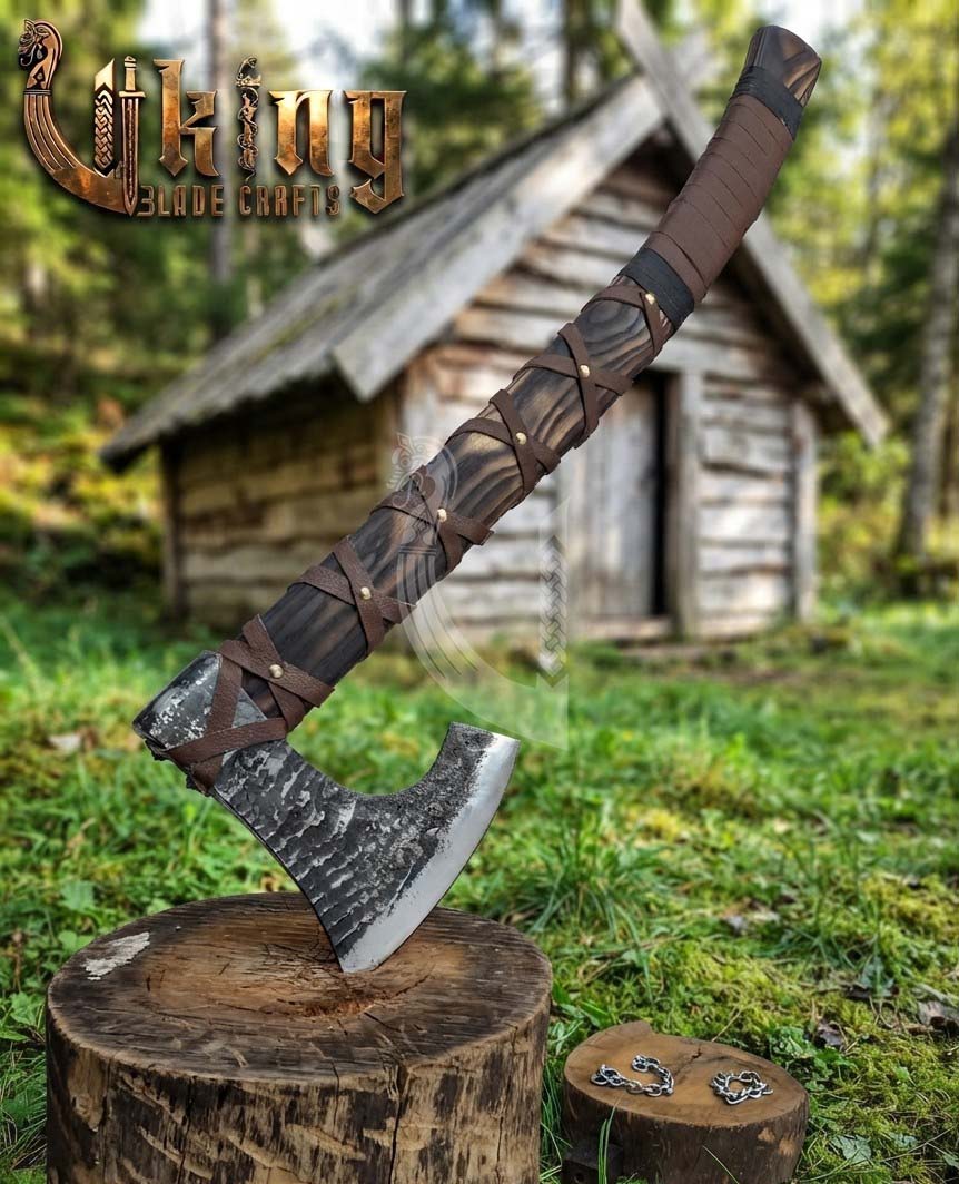 True Hand-Forged Viking Bearded Axe 30" | Leather-Wrapped Fanned Skeggøx