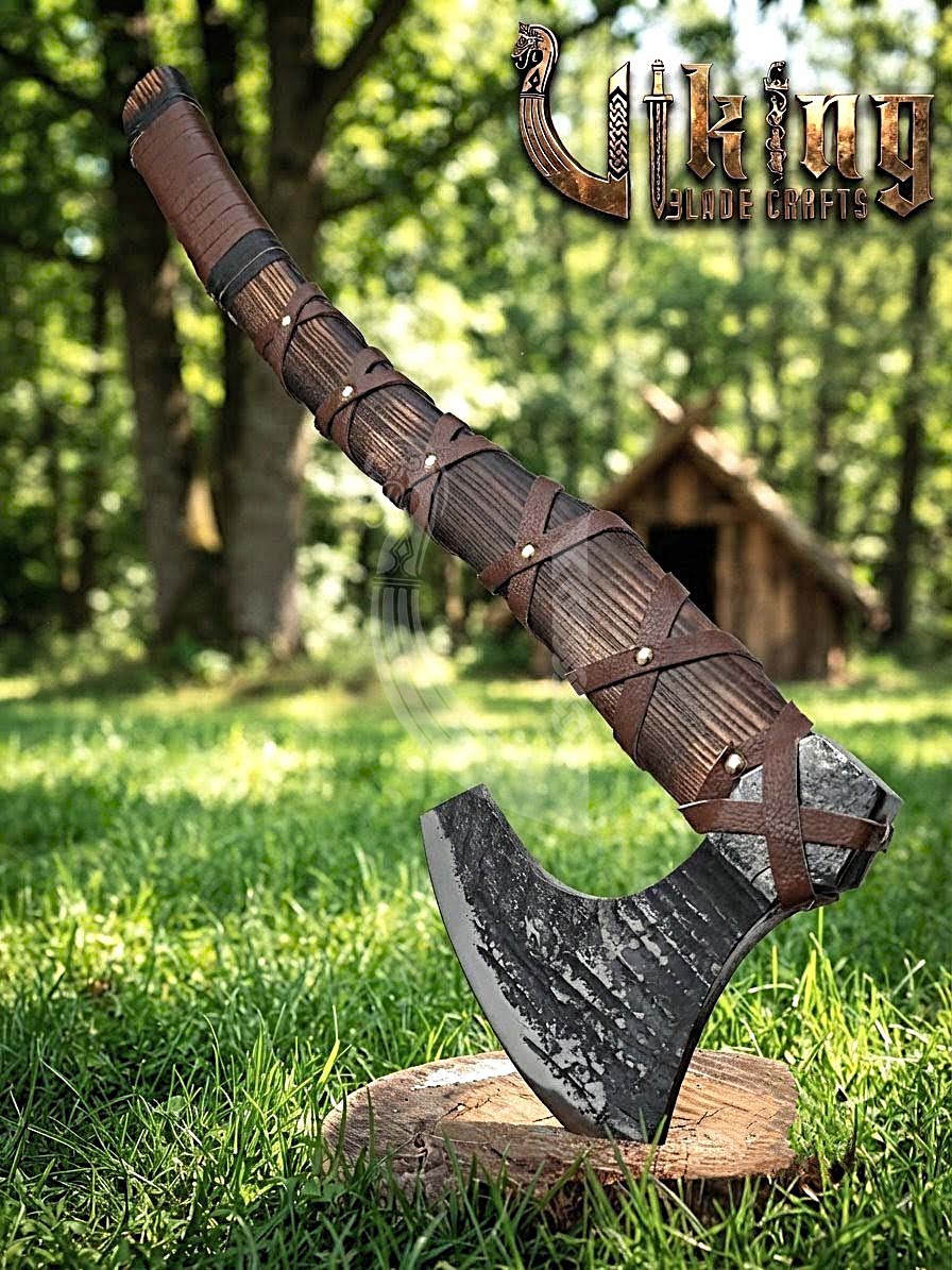 True Hand-Forged Viking Bearded Axe 30" | Leather-Wrapped Upswept Skeggøx