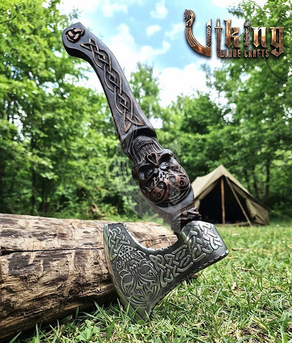 Hand-Forged 23" Norse Skull Carved Rosewood Axe | Skull Etched