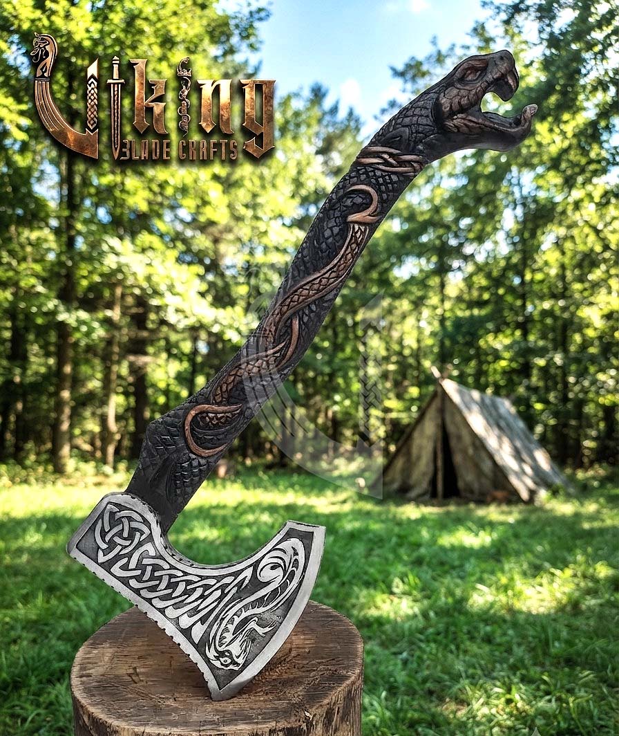 The Jormungandr Wrath 23" Hand-Forged Norse Serpent Carved Rosewood Axe