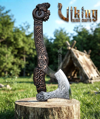 Hand-Forged 23" Norse Goat Carved Rosewood Axe | Goat Etched