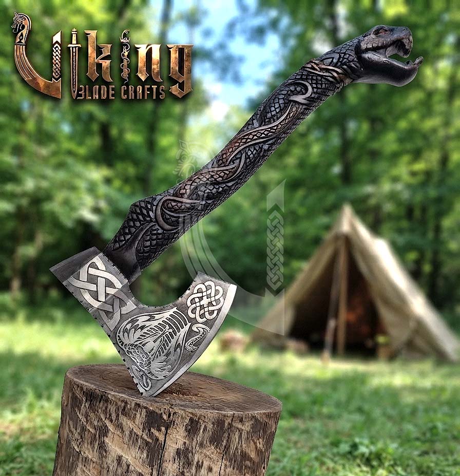 Hand-Forged Norse Serpent Carved Rosewood Axe 23" | Serpent Etched