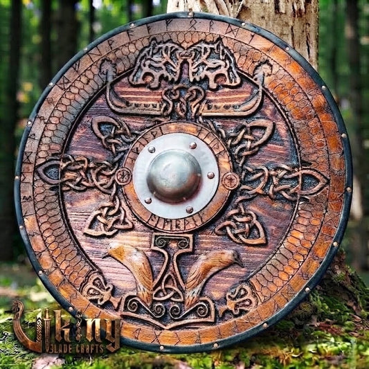 The Skjöldr of the Wolf-Clan 3D Carved Star-Braced Runic Viking Shield