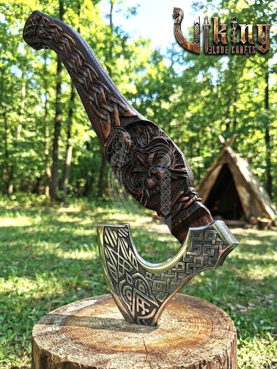 Norse Owl 23" Rosewood Axe | Hand-Forged & Carved Viking Axe