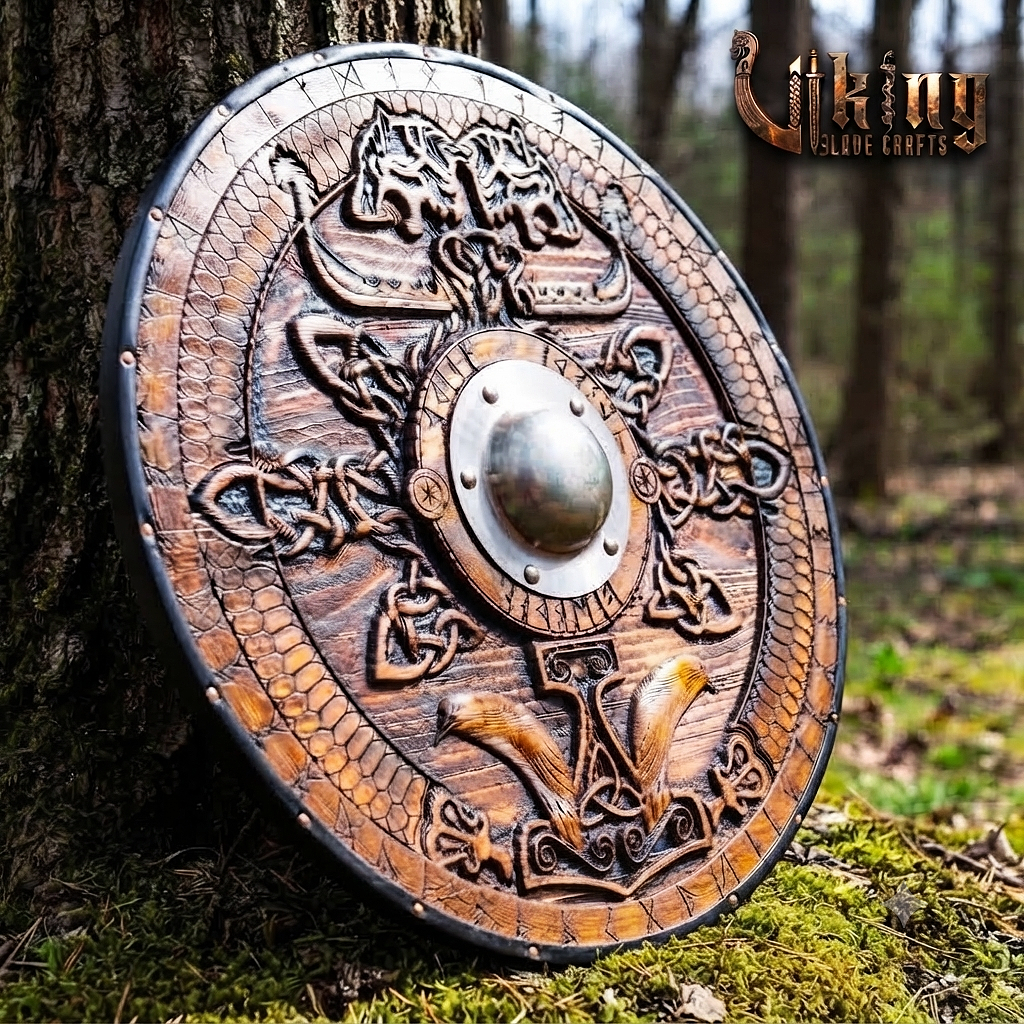 The Skjöldr of the Wolf-Clan 3D Carved Star-Braced Runic Viking Shield