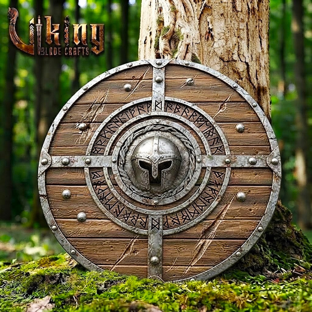 The Einherjar Vanguard 3D Helmet-Bossed Runic Viking Shield