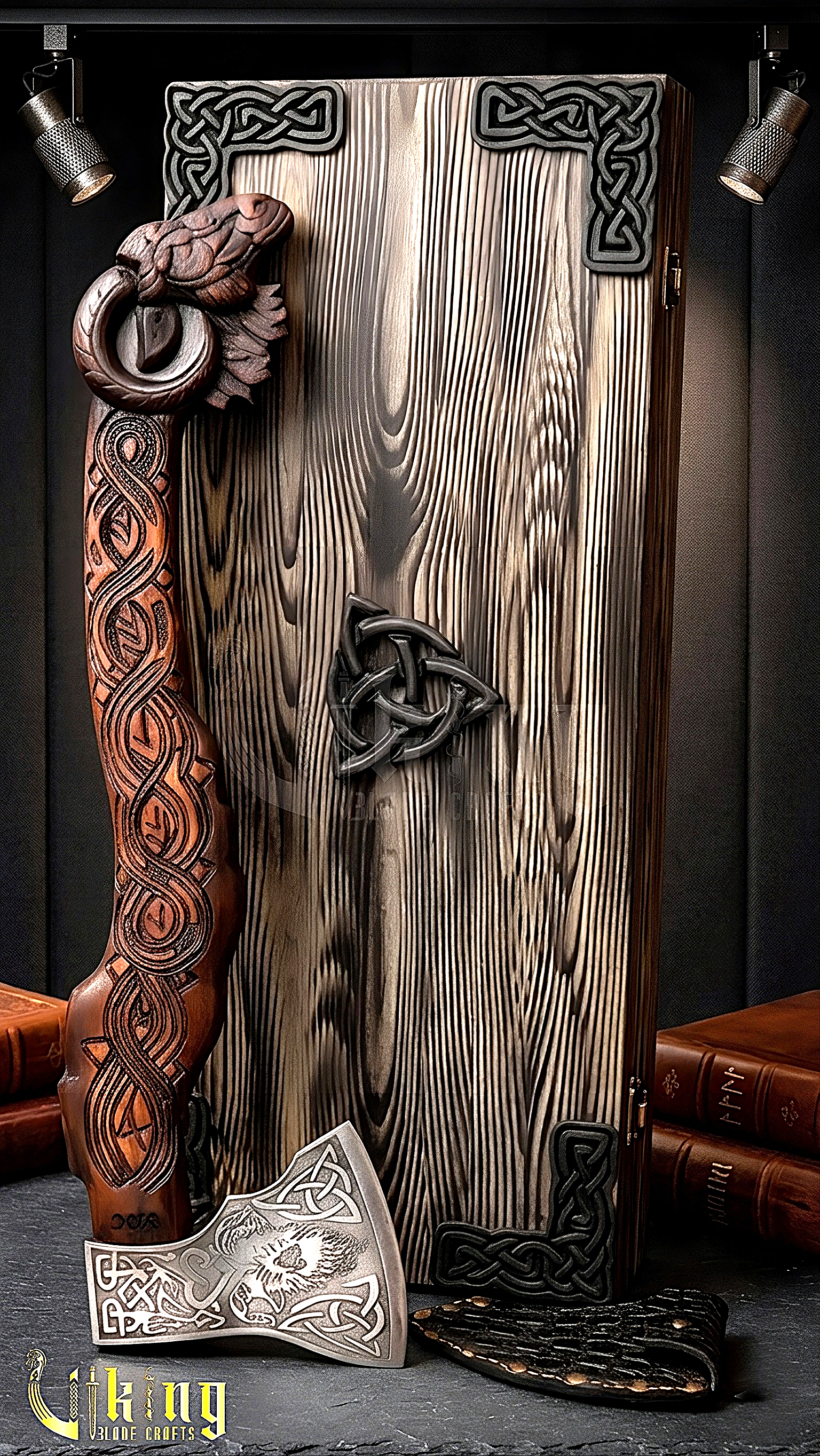 raven themed Viking axe with leather sheath and wooden grip