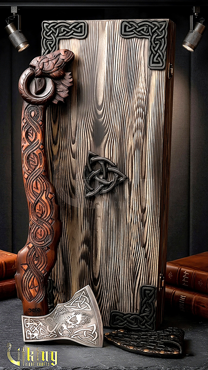raven themed Viking axe with leather sheath and wooden grip
