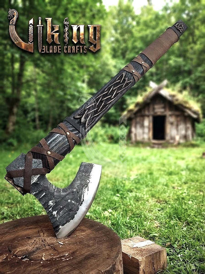 Ragnar-Inspired Viking Axe | Hand-Forged Knotwork Carved Ashwood