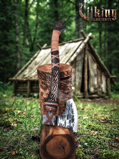 Jelling-Style Viking Bearded Axe 30" | Curved Carved Haft & Flat Poll