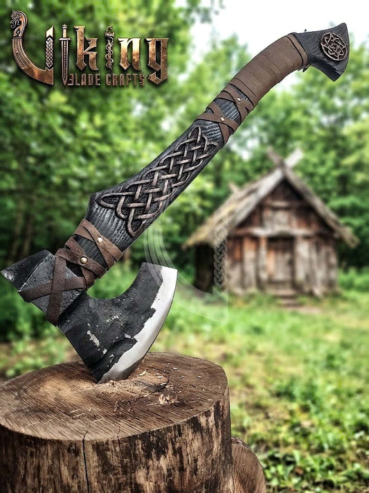 Hand-Forged Viking Bearded Axe 30" | Norse Knotwork Carved Curved Ashwood