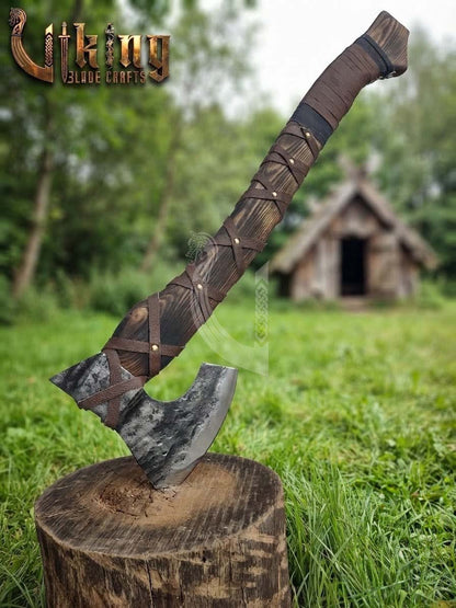 True Hand-Forged Viking Bearded Axe 30" | Leather-Wrapped Sculpted Skeggøx