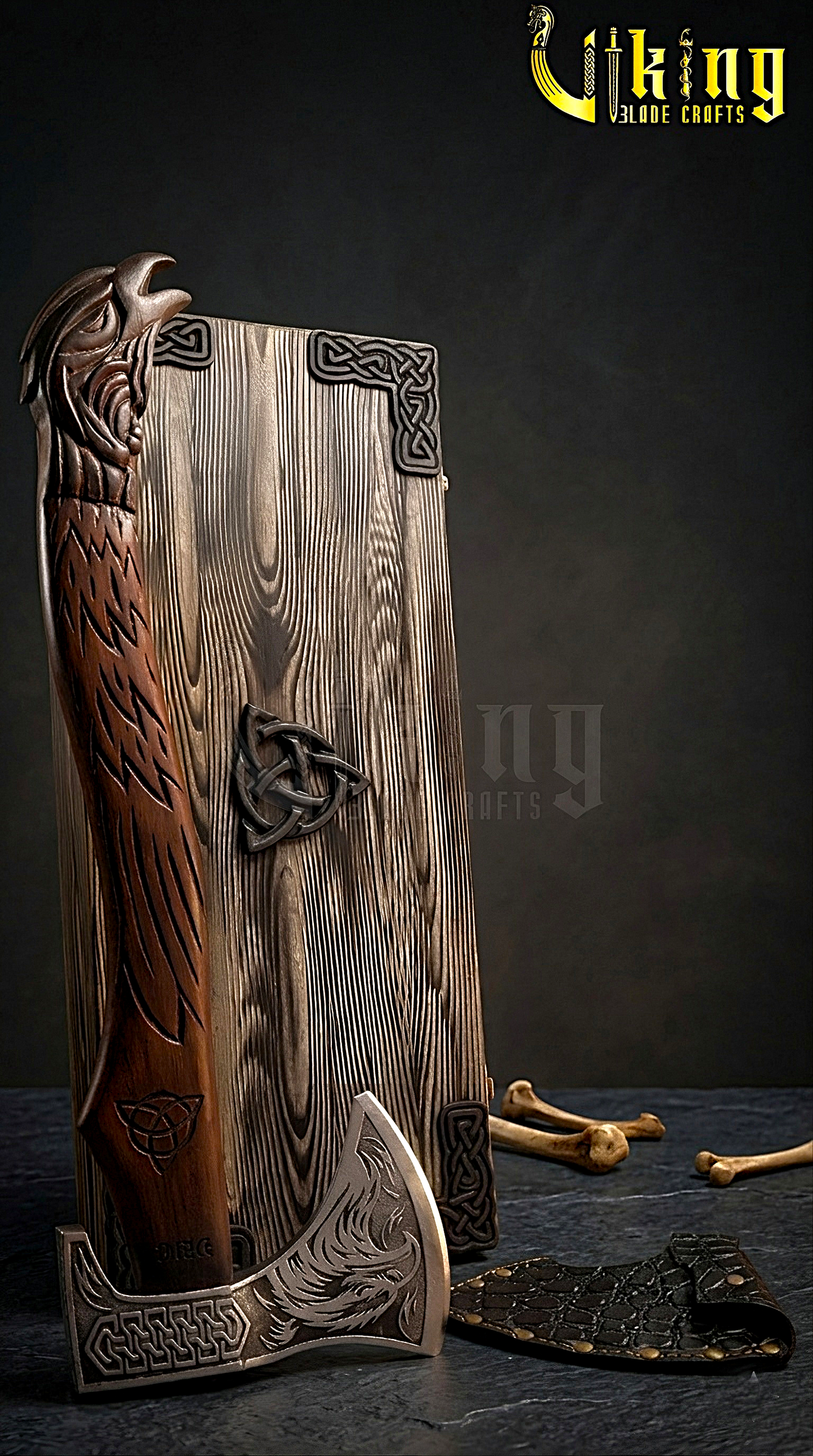 forged steel Viking axe with detailed raven carving and rosewood handle