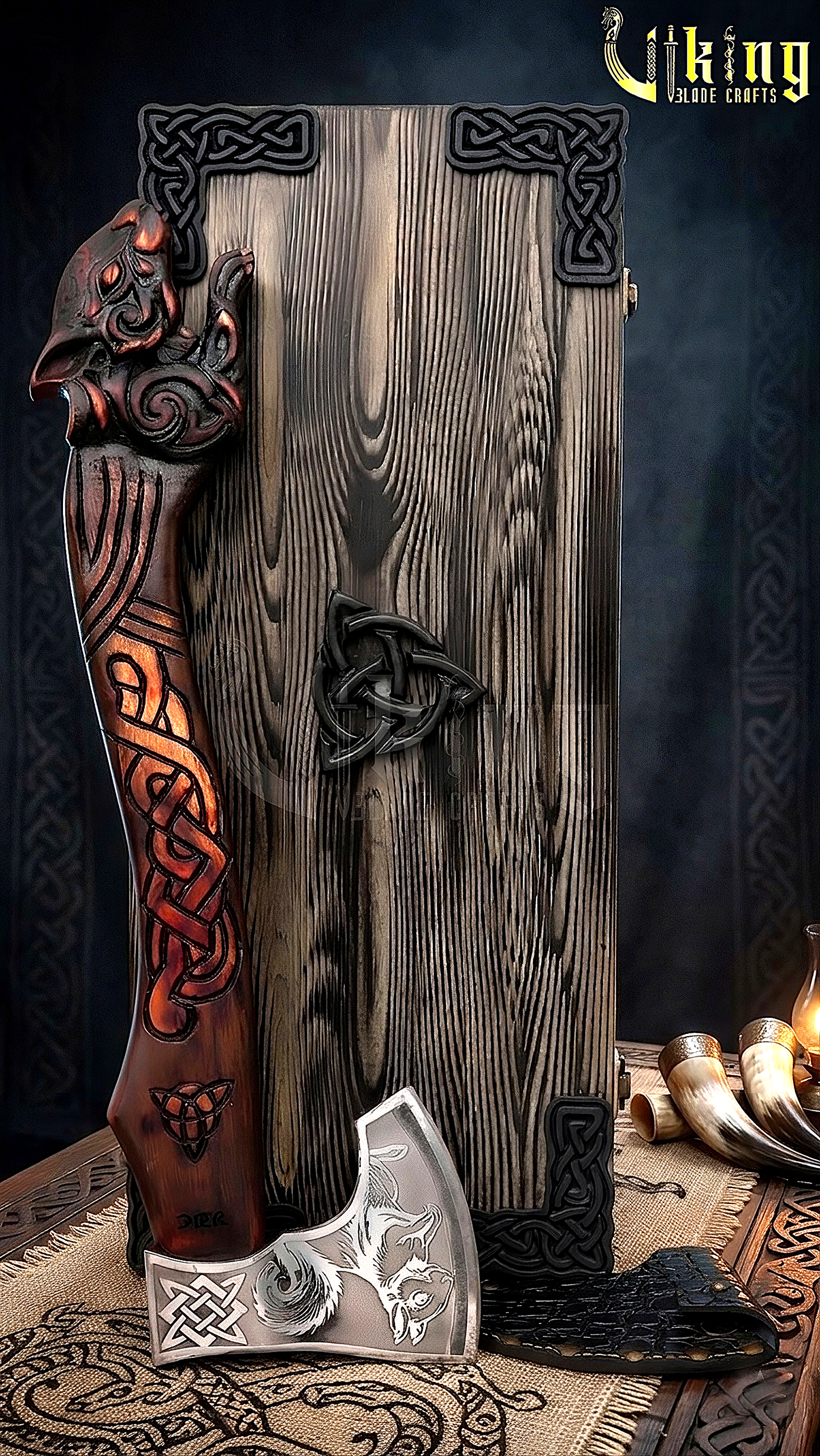 artisan Viking axe with custom squirrel carving and steel blade
