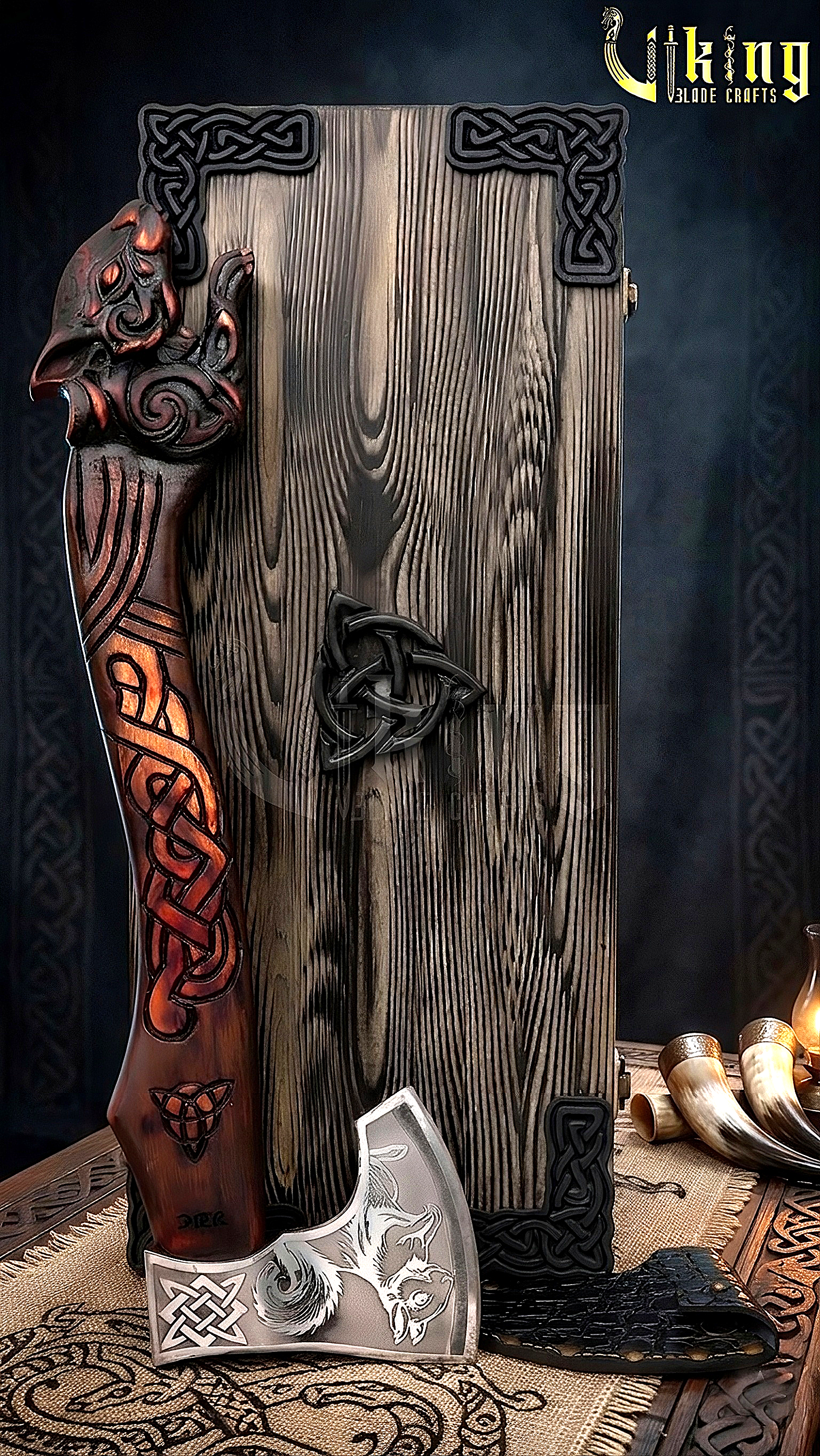 artisan Viking axe with custom squirrel carving and steel blade