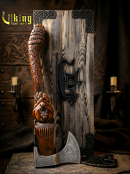 hand carved bear handle Viking axe with forged steel blade