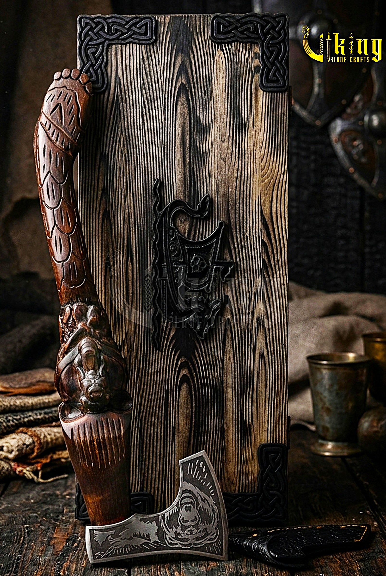 hand carved bear head Viking axe with rosewood handle