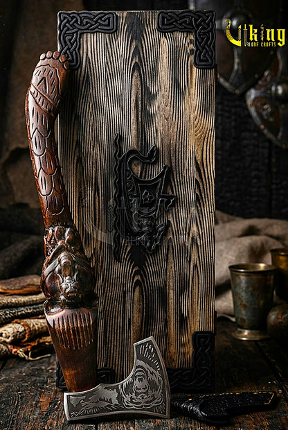 hand carved bear head Viking axe with rosewood handle