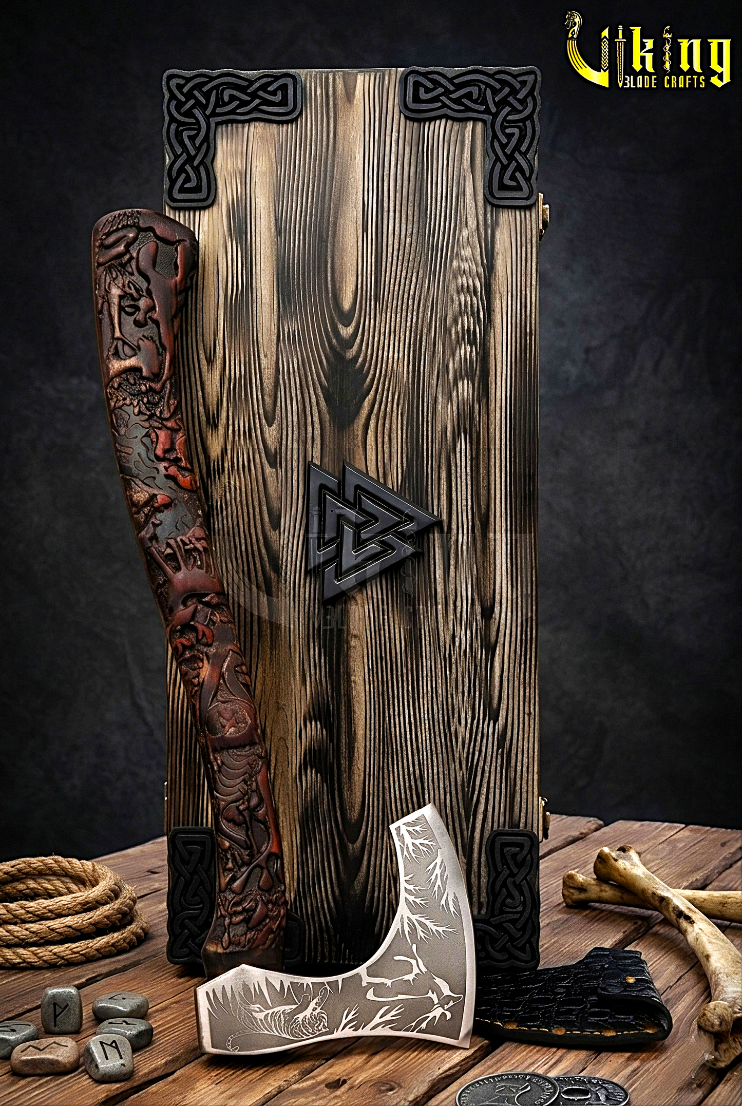 hand carved wildlife axe with forged steel blade