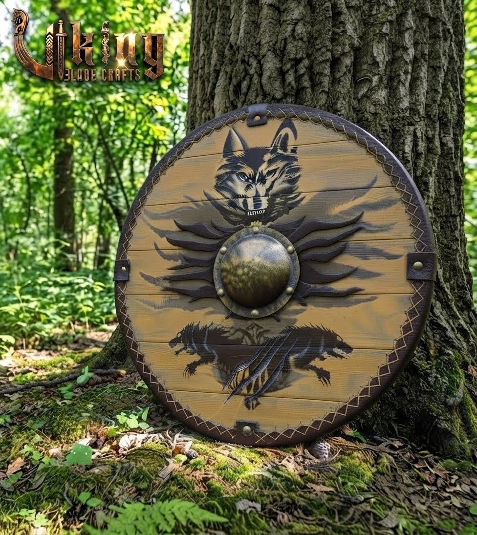 Fenrir's Pack Leather-Trimmed Wolf Viking Shield