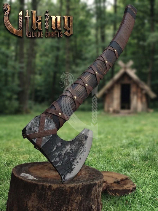 True Hand-Forged Viking Bearded Axe 30" | Leather-Wrapped Curved Skeggøx