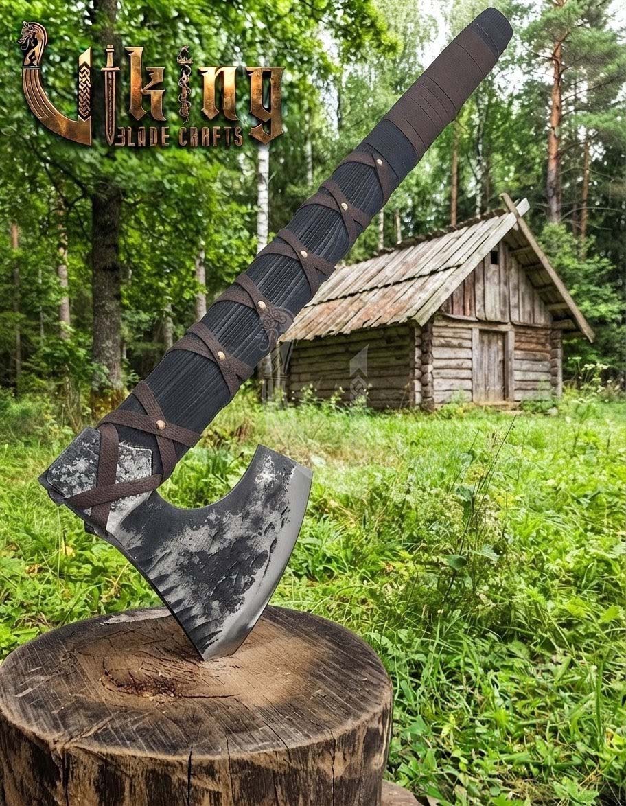 True Hand-Forged Viking Bearded Axe 30" | Leather-Wrapped Corrugated Skeggøx