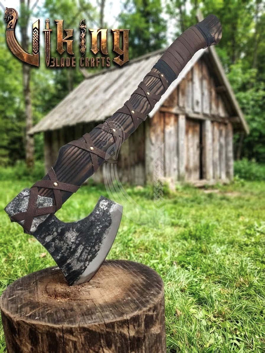 True Hand-Forged Viking Bearded Axe 30" | Leather-Wrapped Ergonomic Skeggøx