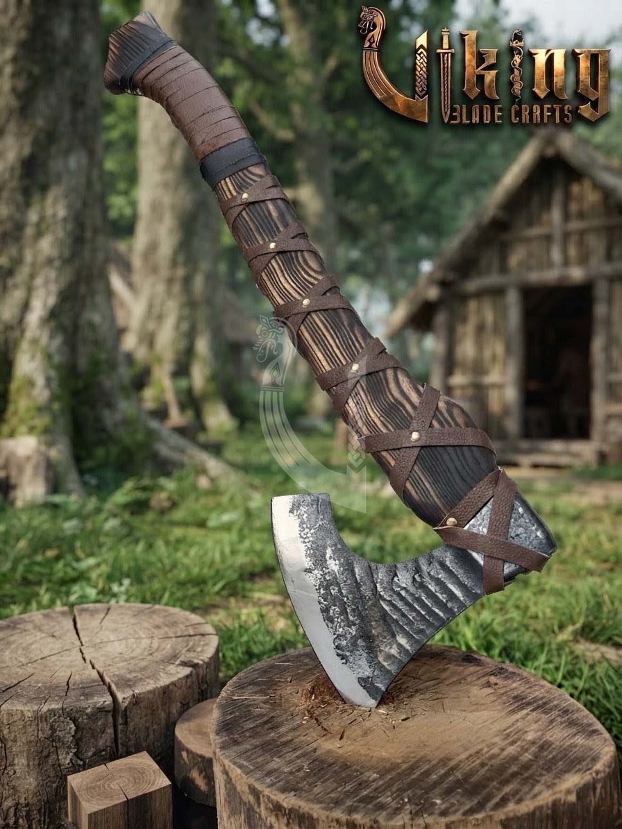 True Hand-Forged Viking Bearded Axe 30" | Leather-Wrapped Fanned Skeggøx