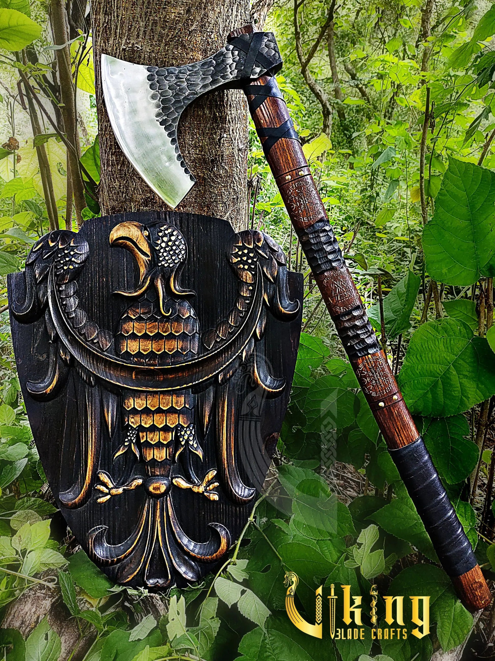 Hand-Forged 36" Viking Battle Axe & Carved Raven Shield Set Viking_Blade_Crafts